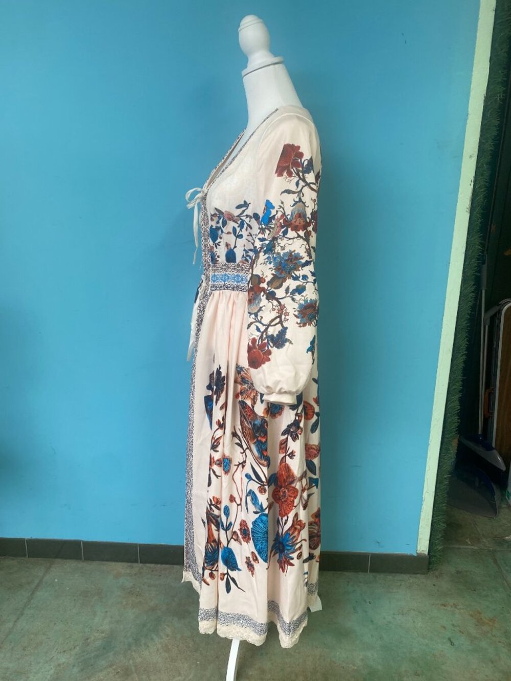 Boho Floral Maxi Dress Cream Blue Rust Peasant Prairie M - Picture 3 of 5